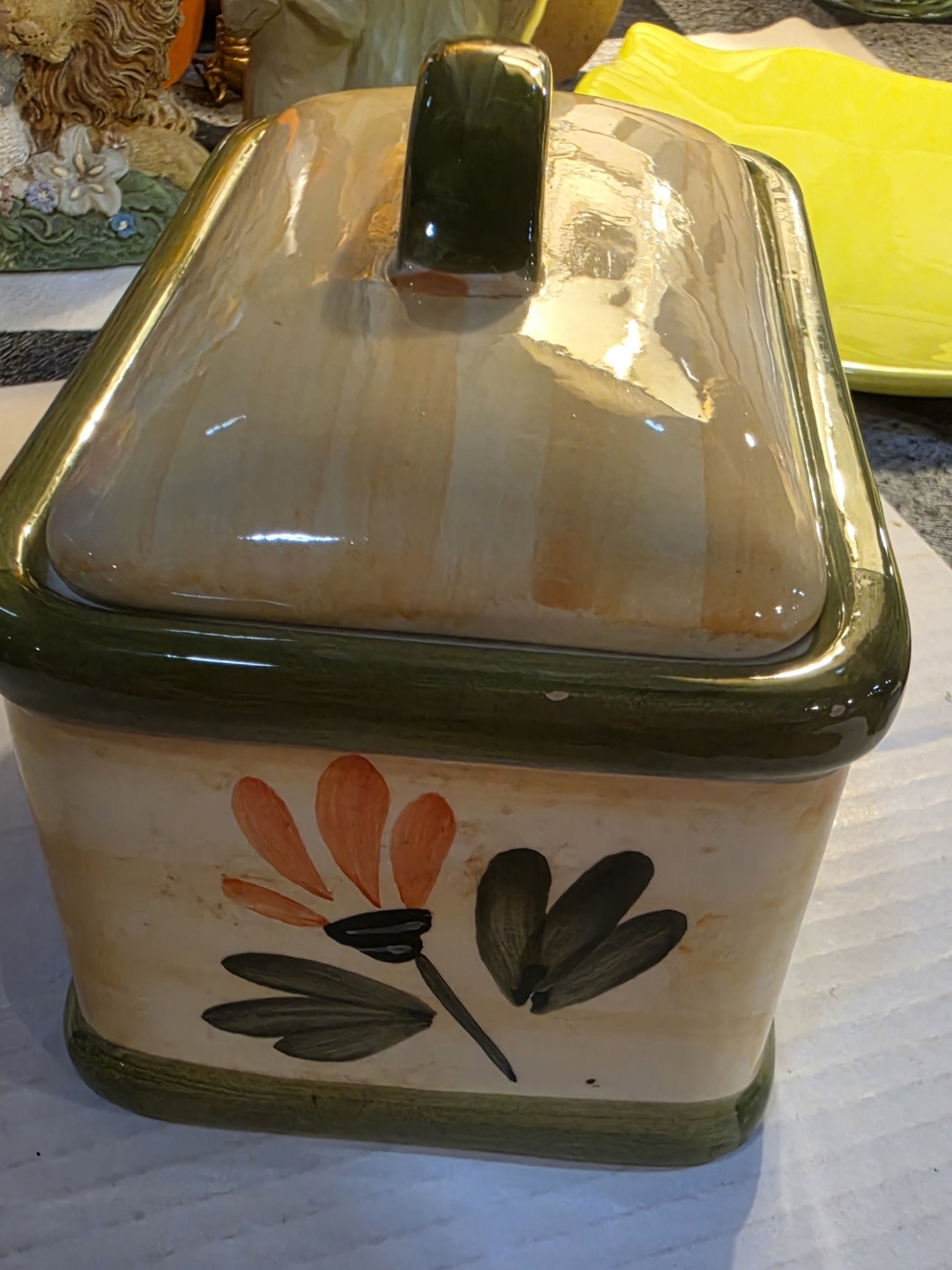 Hand-Painted Ceramic Canister in Cream and Olive Green Recipe Box With Cards